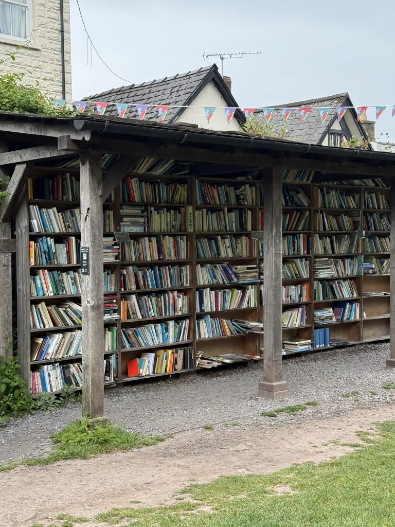 Ein langes Bücherregal mit gebrauchten Büchern steht an einer Straße.