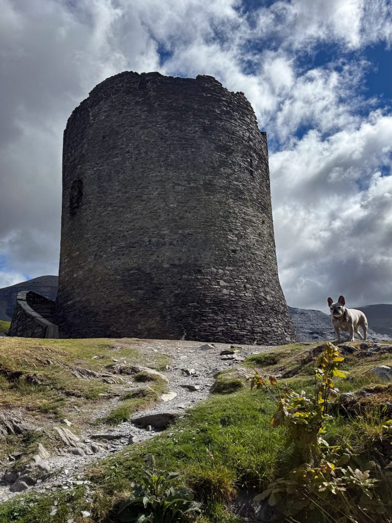 Mila steht vor einem hohen runden Burgturm aus dunklem Stein; dahinter erheben sich Berge.