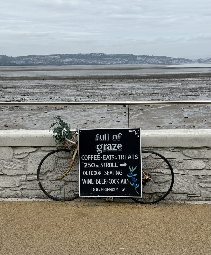 Ein Fahrrad lehnt an einer Steinmauer an der Promenade von Mumbles. Dahinter erstreckt sich das Watt.