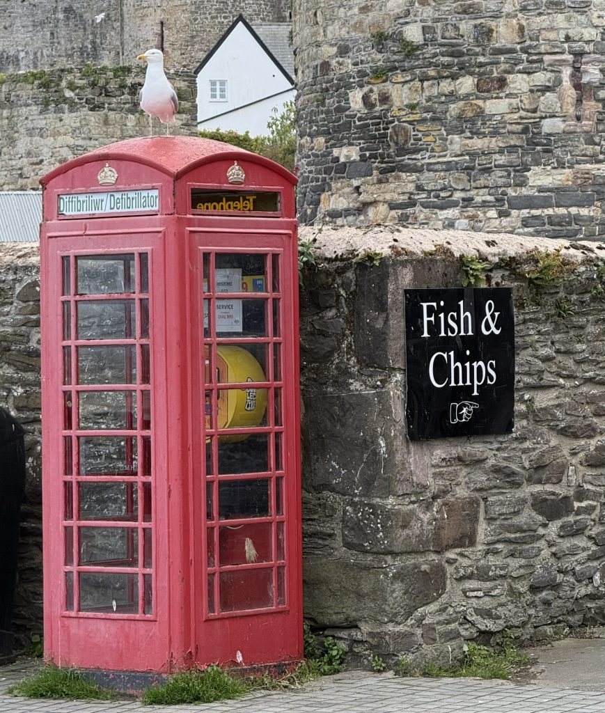 Eine rote Telefonzelle mit Defibrillator steht vor einer alten Steinmauer; daneben weist ein Schild auf Fish and Chips hin.